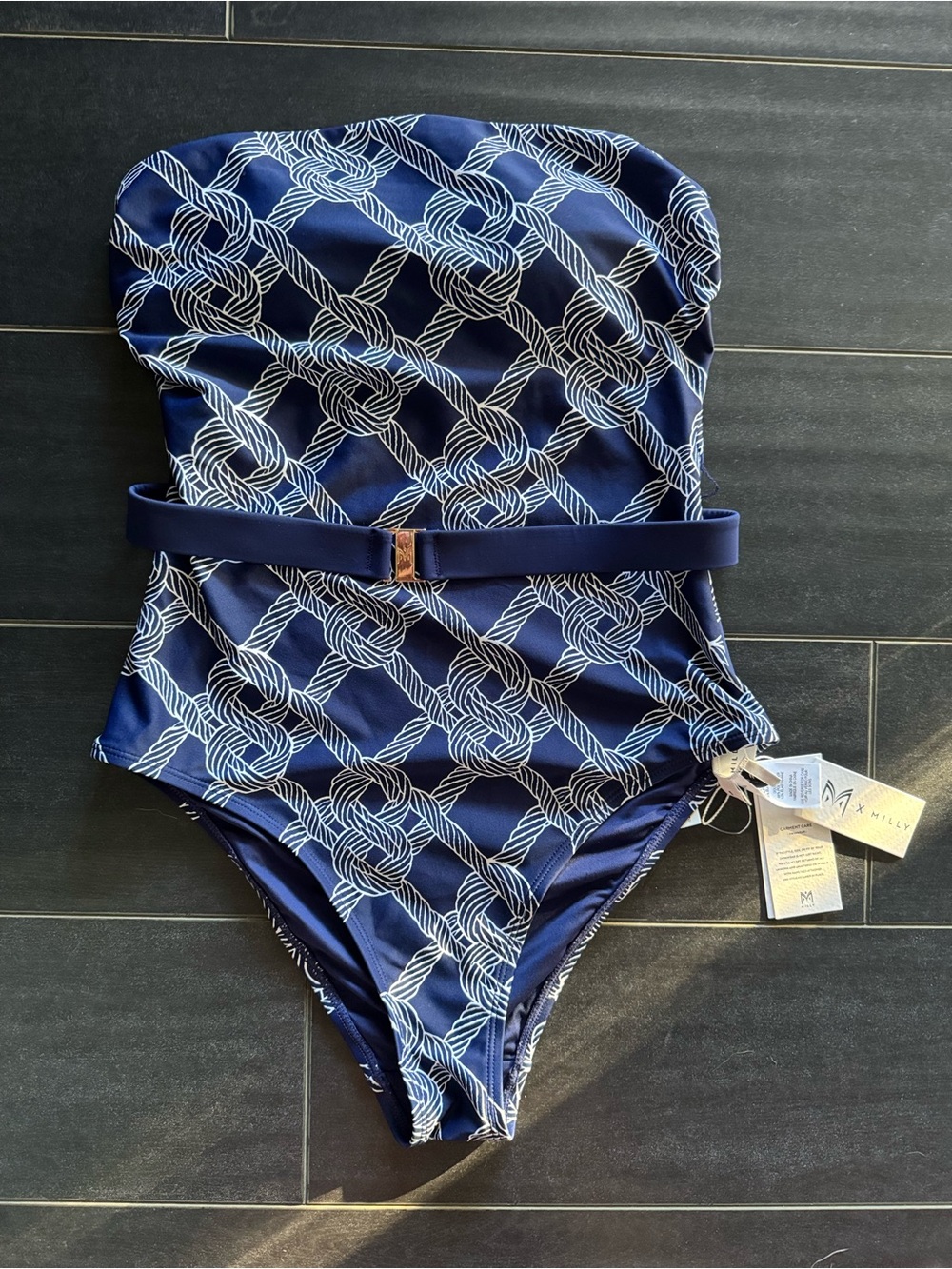 Milly Women Strapless navy and white Rope Print patterned swimsuit NWT size S